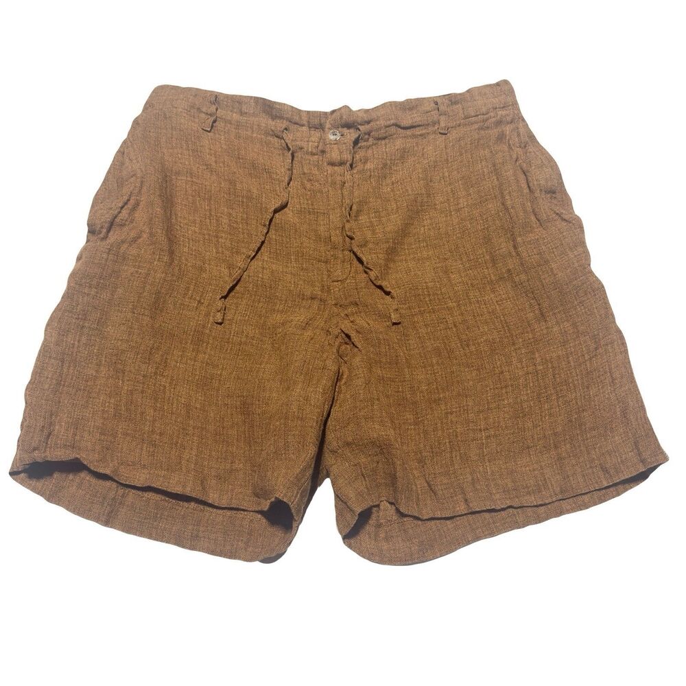 Basco Linen Shorts Mens size M Medium drawstring Button Fly Pockets Brown Tan
